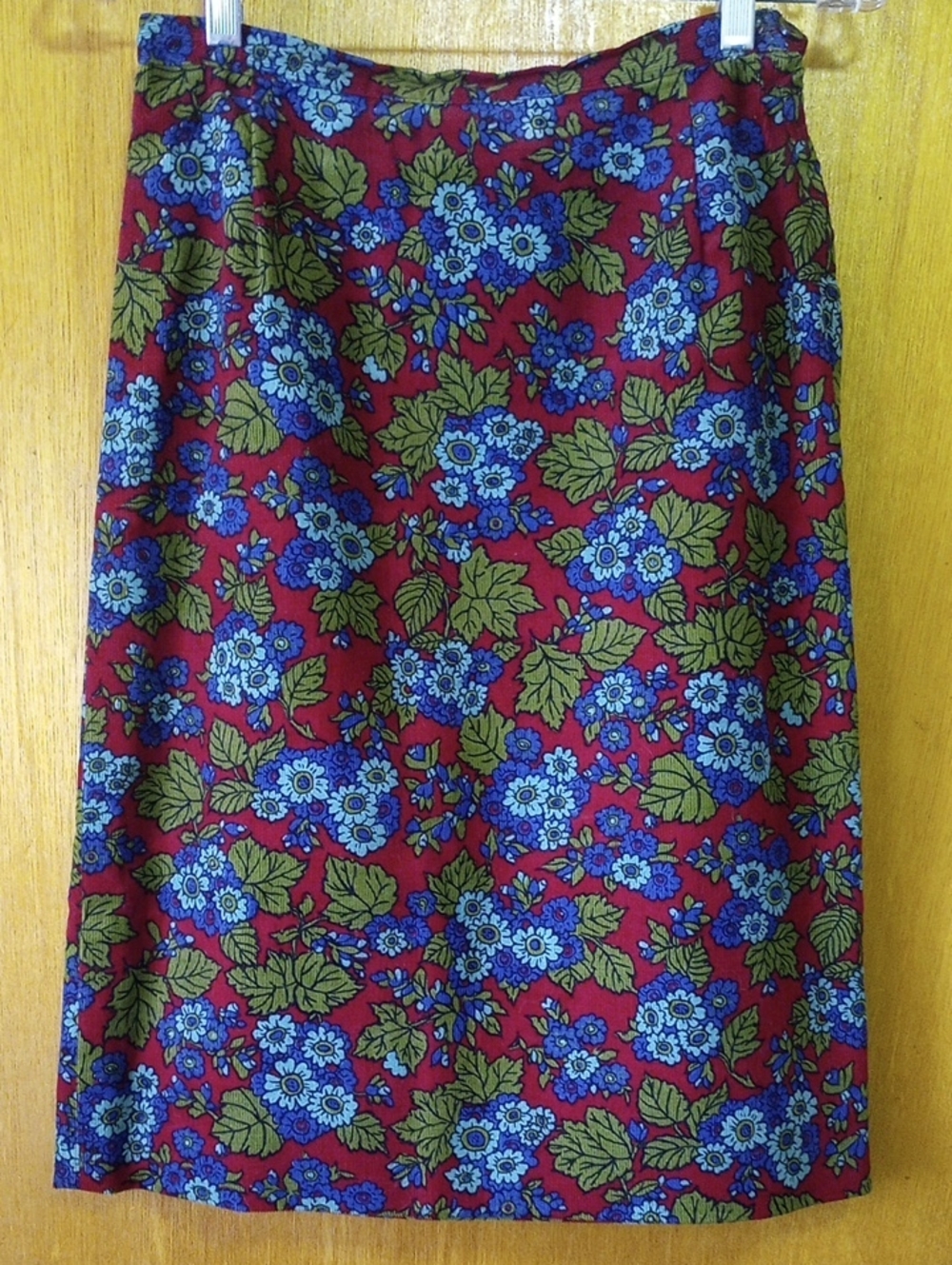Colorful Floral Fall/ Winter Midi Skirt. Dark Red, Olive Green, Blue, Aqua. Med?
